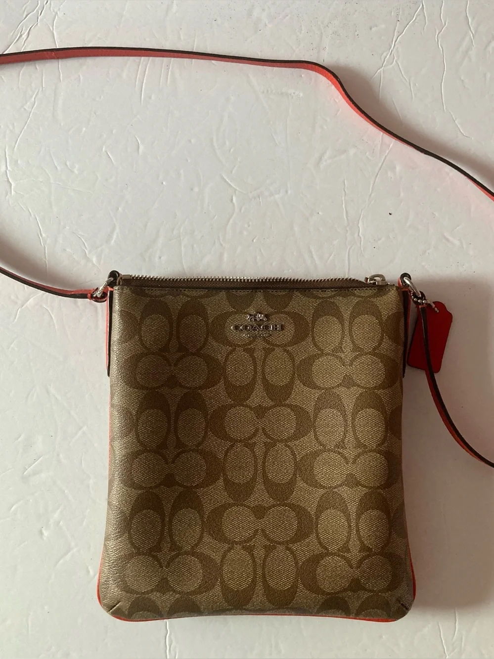 Coach Signature Khaki/Brown Crossbody with orange Trim.Coated Canvas like NEW